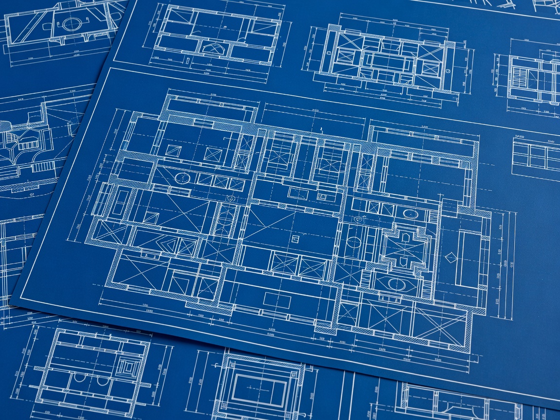 Blueprint plans for a complex vault structure