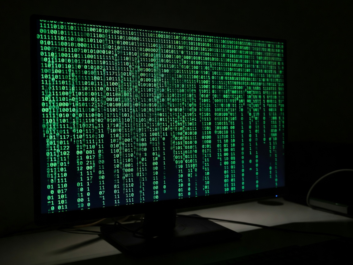 Computer screen displaying encrypted green binary code