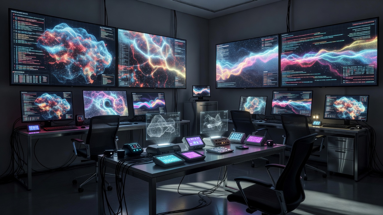 High tech investigation workspace with glowing screens