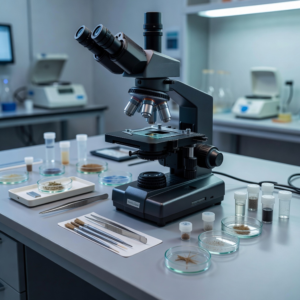 Microscope and forensic tools in a lab setting